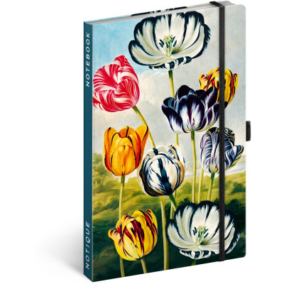 Keménytáblás notesz krémszínű lapokkal, vonalas, leszorító gumiszalaggal Tulips 130x210mm, Presco