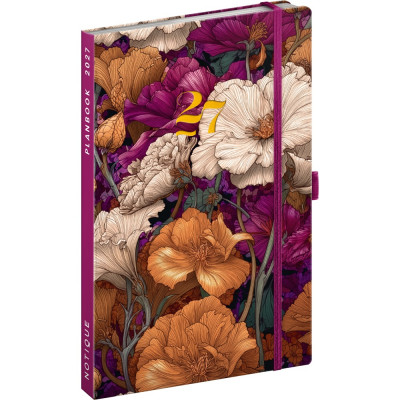 Keménytáblás tervező krémszínű lapokkal, kétheti beosztással, leszorító gumiszalaggal Vintage Flowers 130x210mm, Presco
