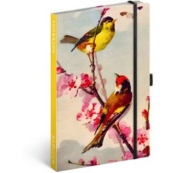 Keménytáblás notesz krémszínű lapokkal, vonalas, leszorító gumiszalaggal Birds – Sakura 130x210mm, Presco Napló Presco